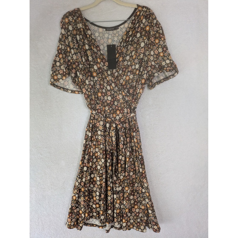 NEW Mikarose Wrap Dress Women's XXL Brown Floral Retro V-Neck Short Sleeve Tie